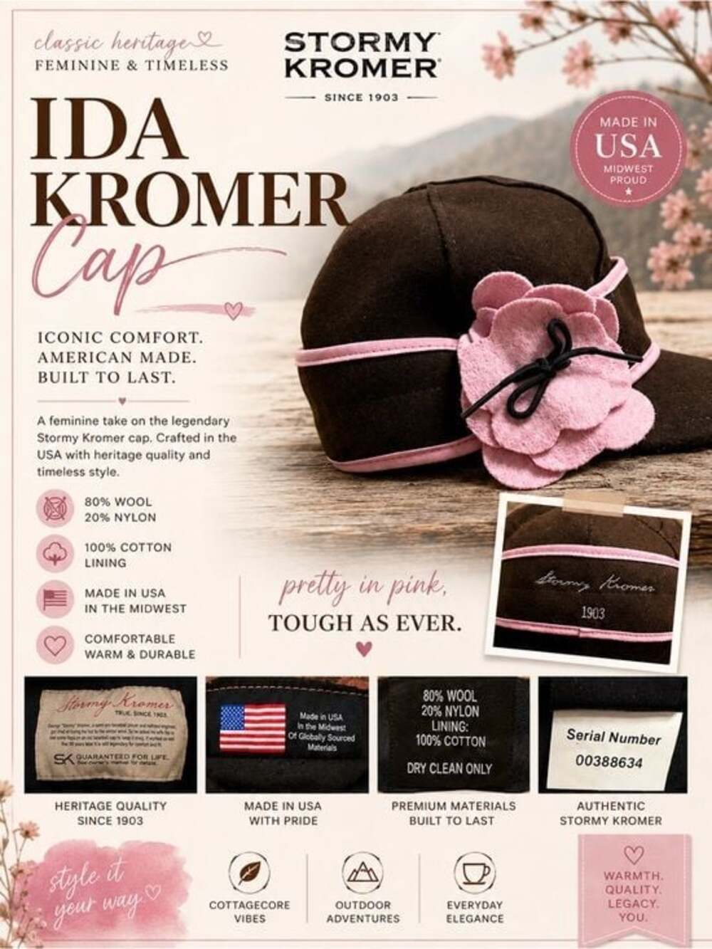 Stormy Kromer Ida Kromer Cap Brown Pink Wool Blend Flower Hat Size 7 Made in USA